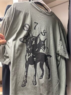 Men's Short Sleeve Graphic Tee - Olive Green with Black Print Cerberus T